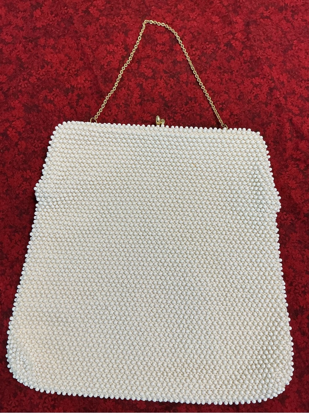 Vintage 1950s White Beaded Evening Purse Kiss Lock & Chain Corde-Bead by Lumured